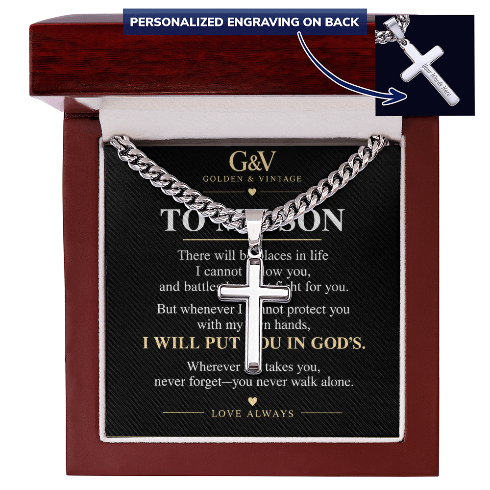 To My Son Cross Necklace – Personalized Cuban Link Chain | Meaningful Gift from Mom or Dad