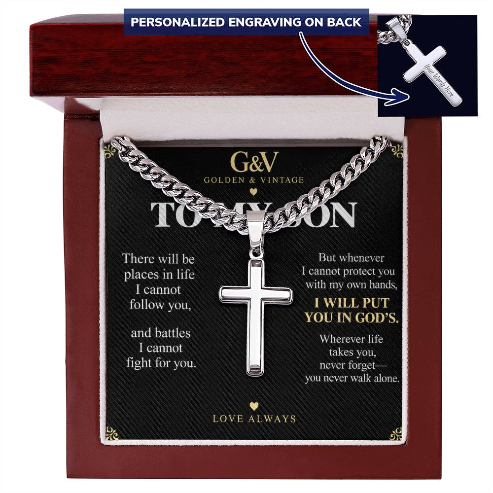 To My Son Cross Necklace with Cuban Link Chain – Personalized Gift from Mom or Dad
