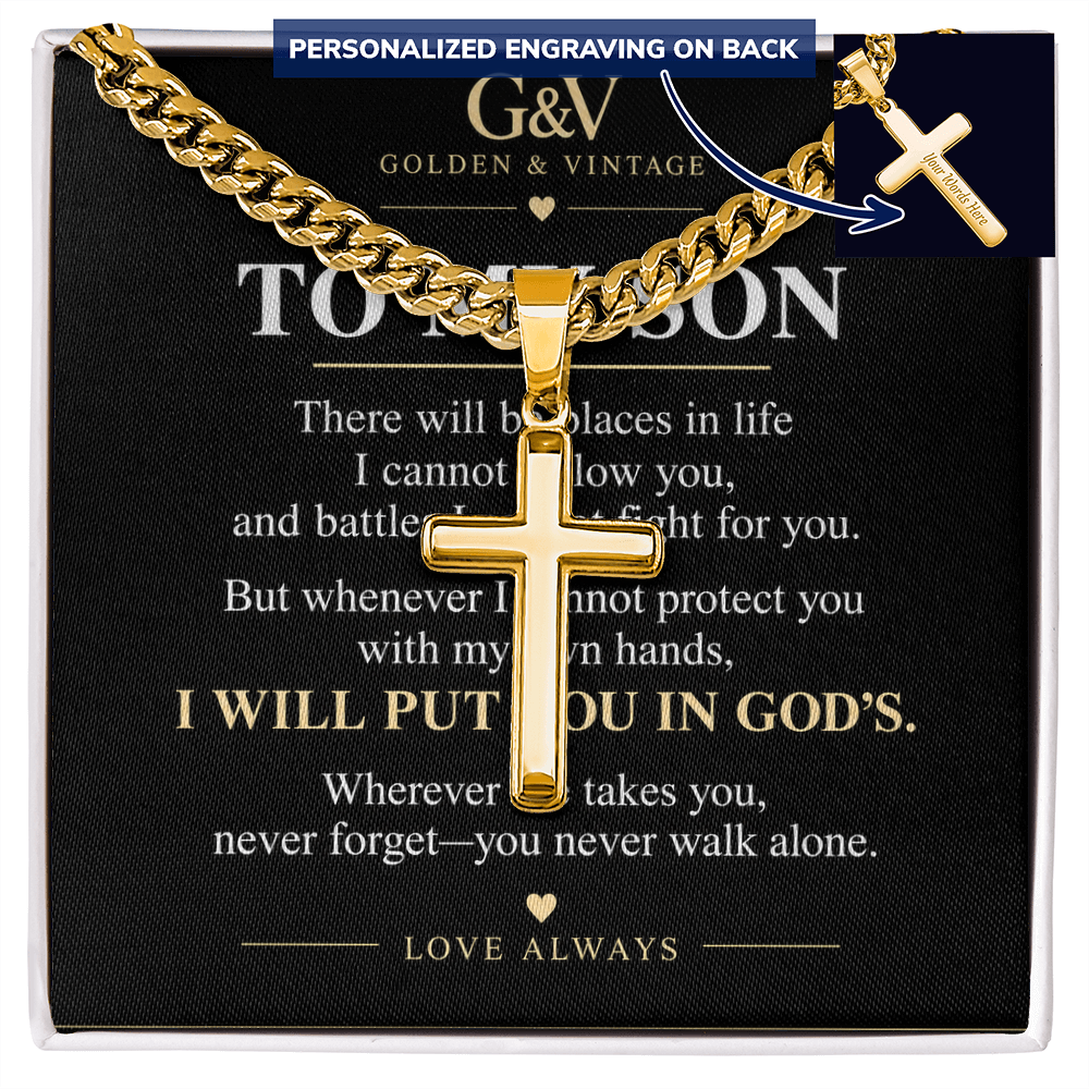 To My Son Cross Necklace – Personalized Cuban Link Chain | Meaningful Gift from Mom or Dad