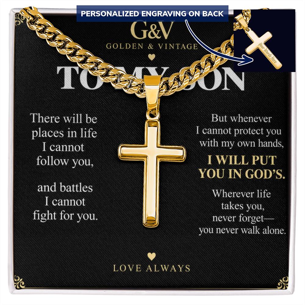 To My Son Cross Necklace with Cuban Link Chain – Personalized Gift from Mom or Dad