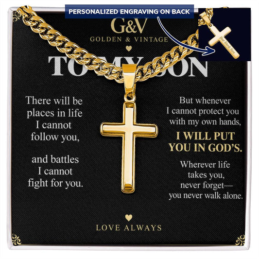 To My Son Cross Necklace with Cuban Link Chain – Personalized Gift from Mom or Dad