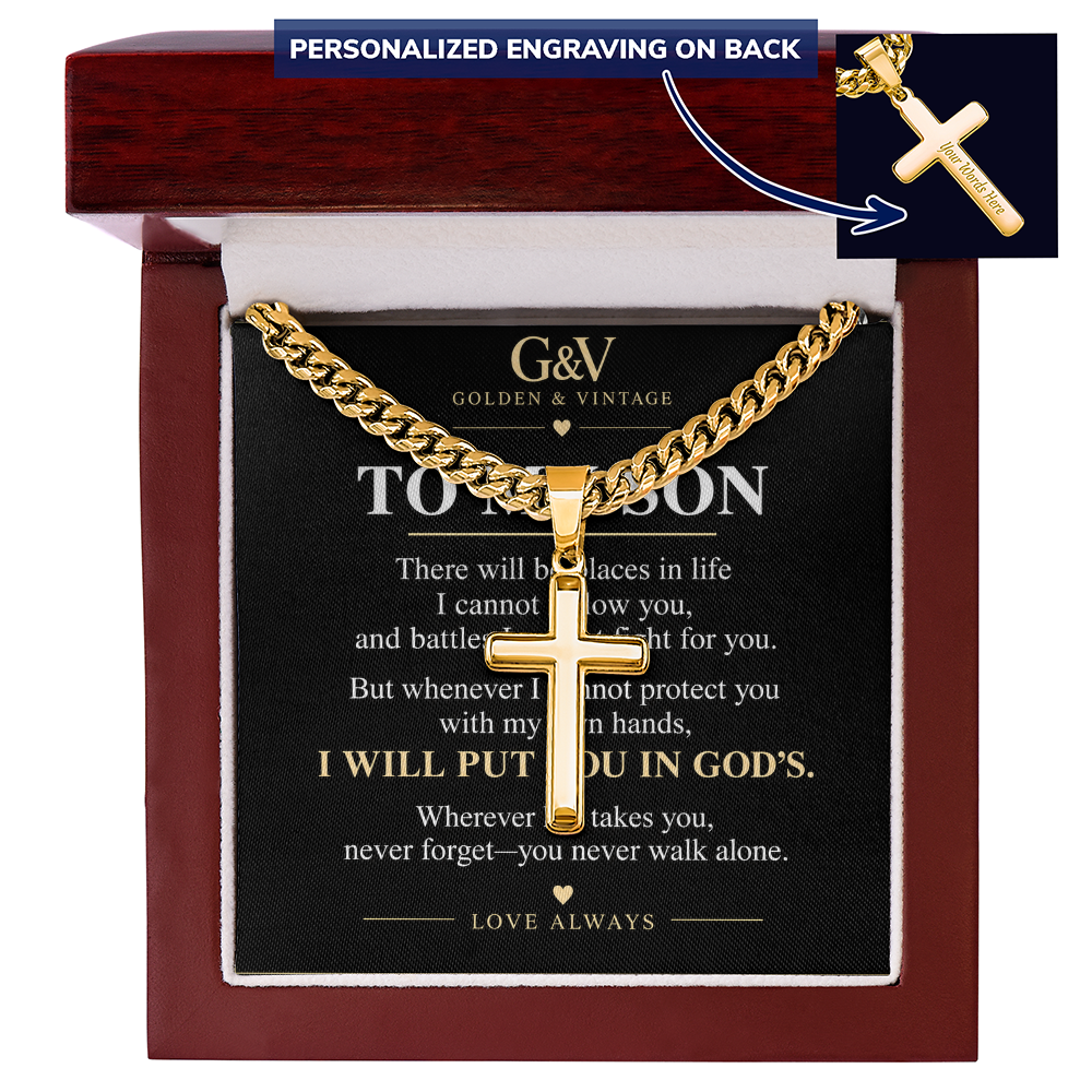 To My Son Cross Necklace – Personalized Cuban Link Chain | Meaningful Gift from Mom or Dad