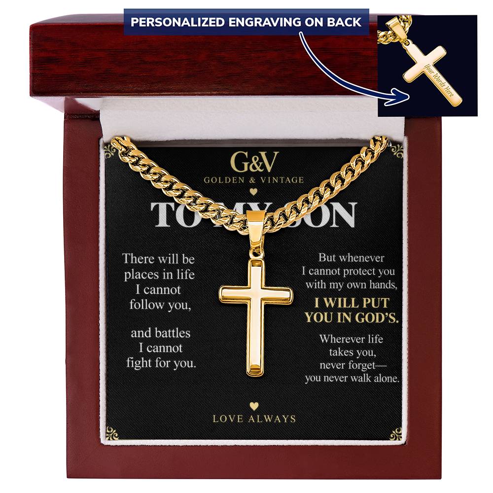 To My Son Cross Necklace with Cuban Link Chain – Personalized Gift from Mom or Dad