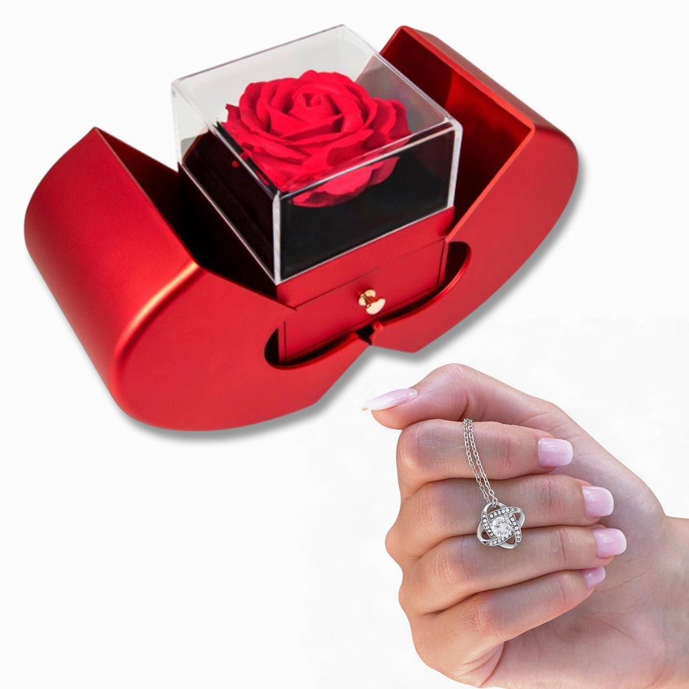 Love Knot Necklace with Red Heart Rose Box – Luxury Romantic Jewelry Gift for Her - goldenandvintage