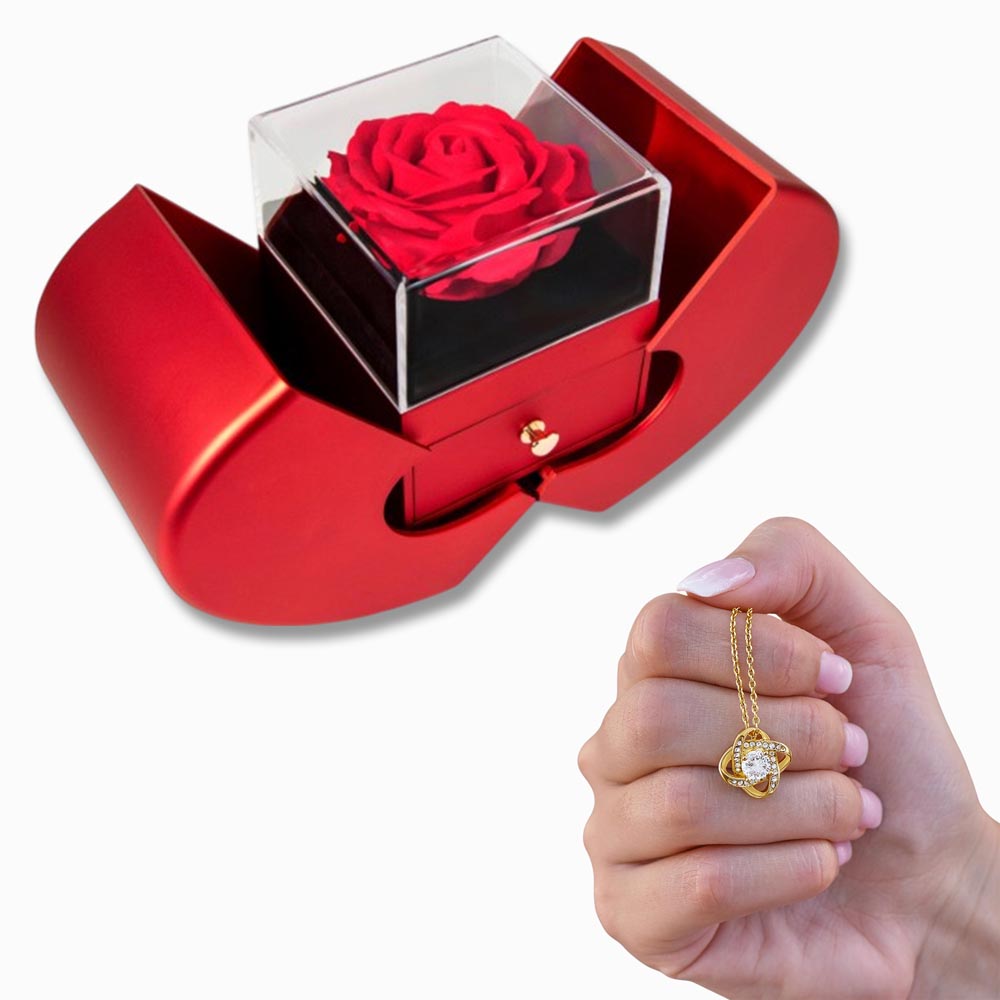 Love Knot Necklace with Red Heart Rose Box – Luxury Romantic Jewelry Gift for Her - goldenandvintage