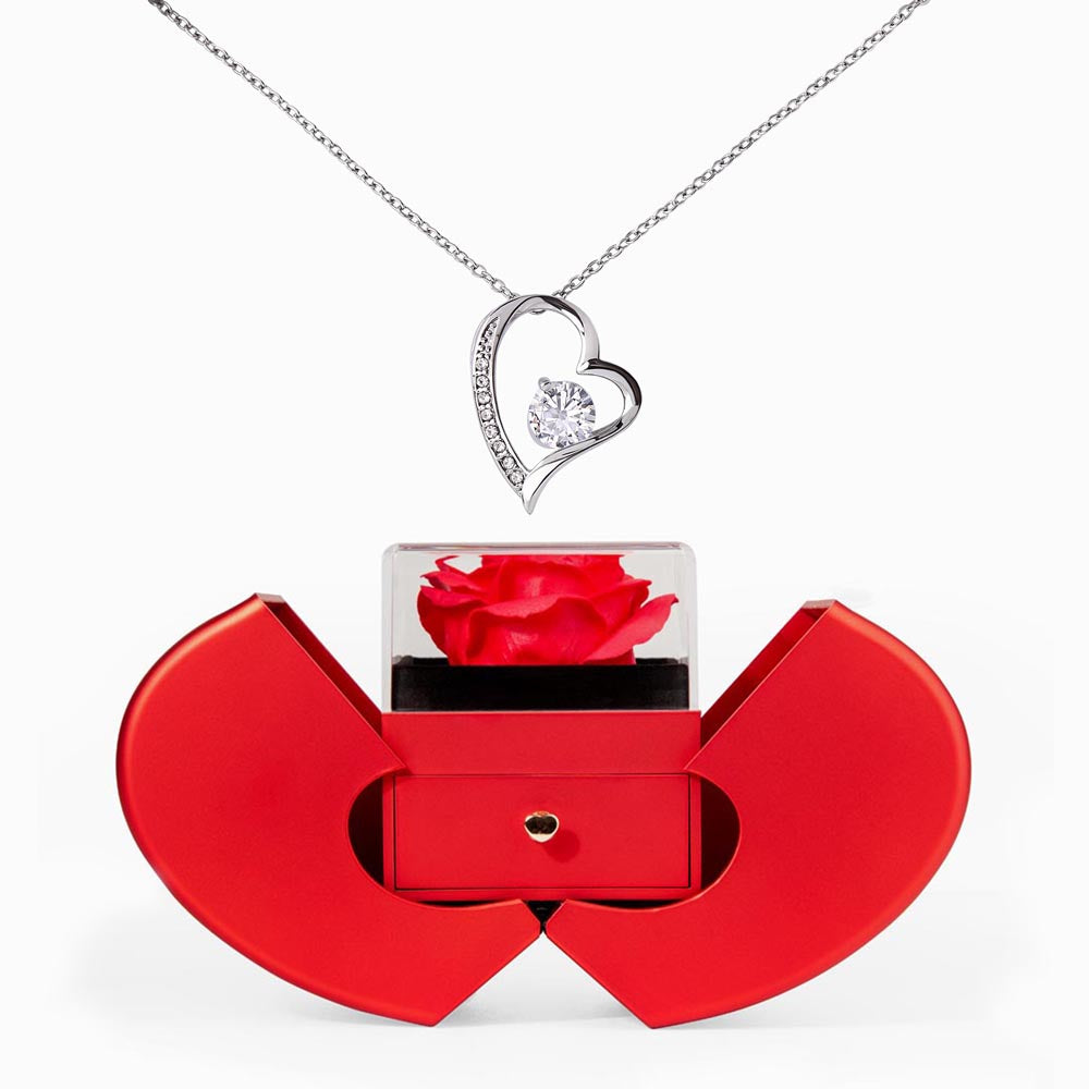 Forever Love Necklace with Red Heart Rose Box – Luxury Romantic Gift for Her - goldenandvintage