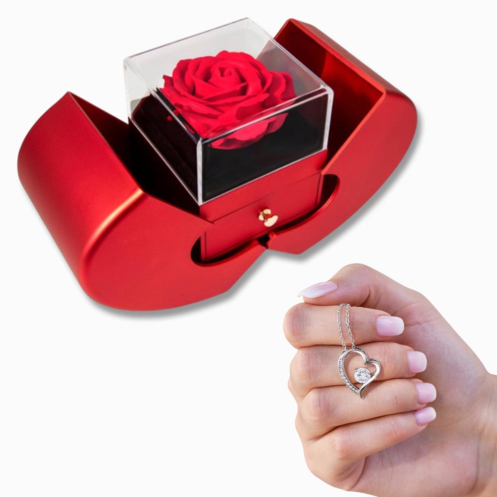 Forever Love Necklace with Red Heart Rose Box – Luxury Romantic Gift for Her - goldenandvintage