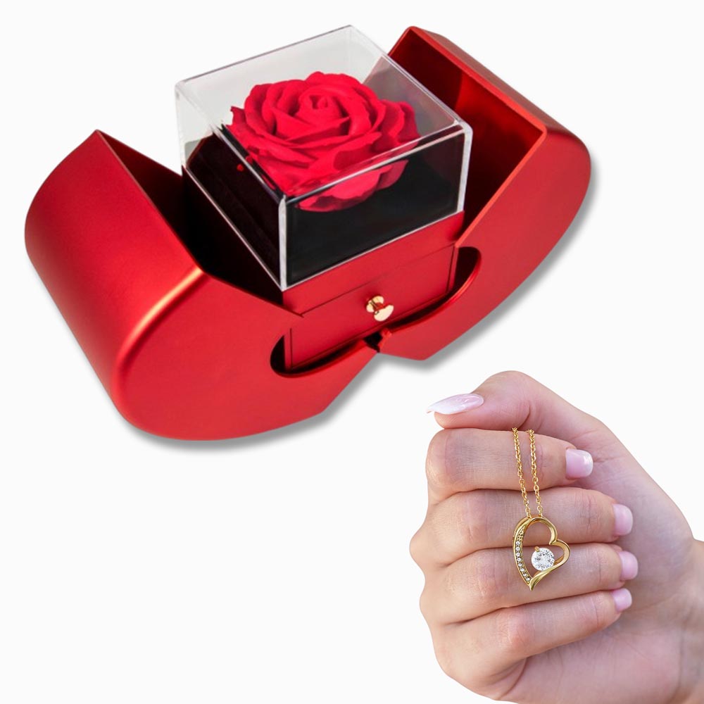 Forever Love Necklace with Red Heart Rose Box – Luxury Romantic Gift for Her - goldenandvintage