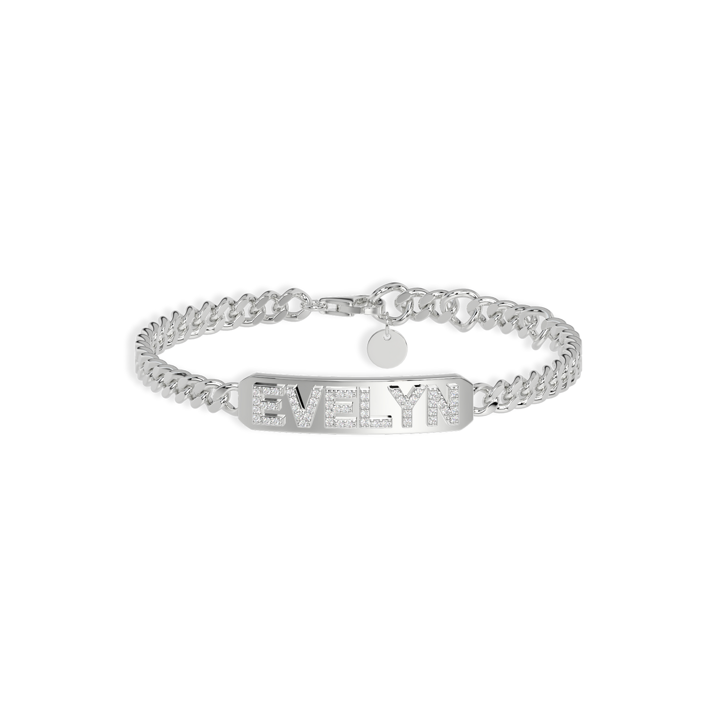 Rhodium Plated Silver Pavé Letter ID Bar Curb Chain Bracelet His & Her ID Bar AW24B001R