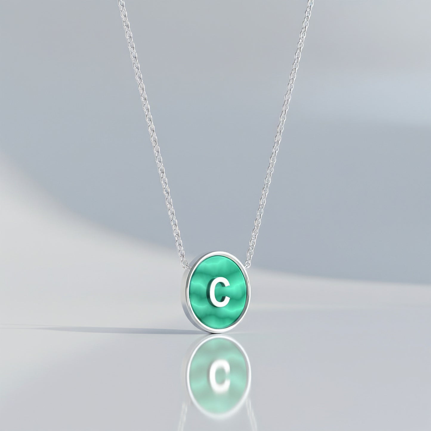 Rhodium Plated Silver Malachite Initial Necklace SS25N002R