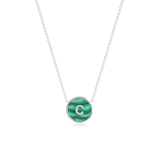 Rhodium Plated Malachite Initial Pendant Necklace – Personalized Gemstone Jewelry