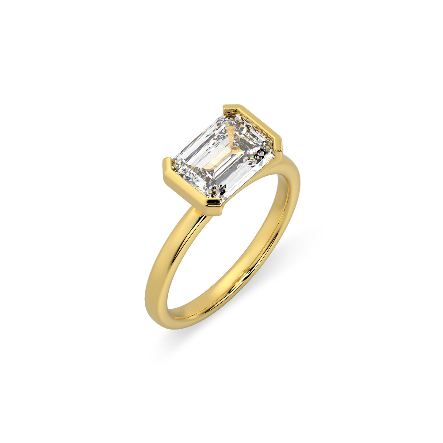 Classic Emerald Half-Bezel Set Diamond Ring in 14K Yellow Gold