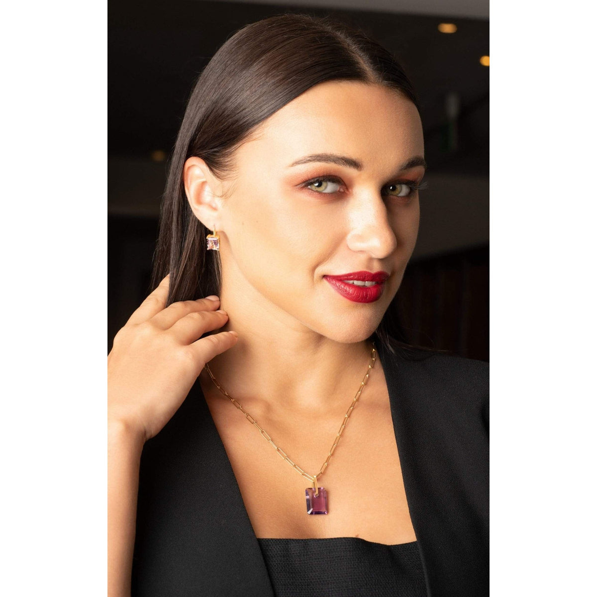 Emerald Cut Pink Amethyst Lever Back Earrings