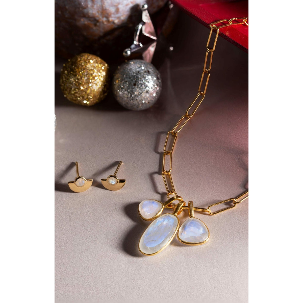 Malaika Rainbow Moonstone Round Eclipse Earrings