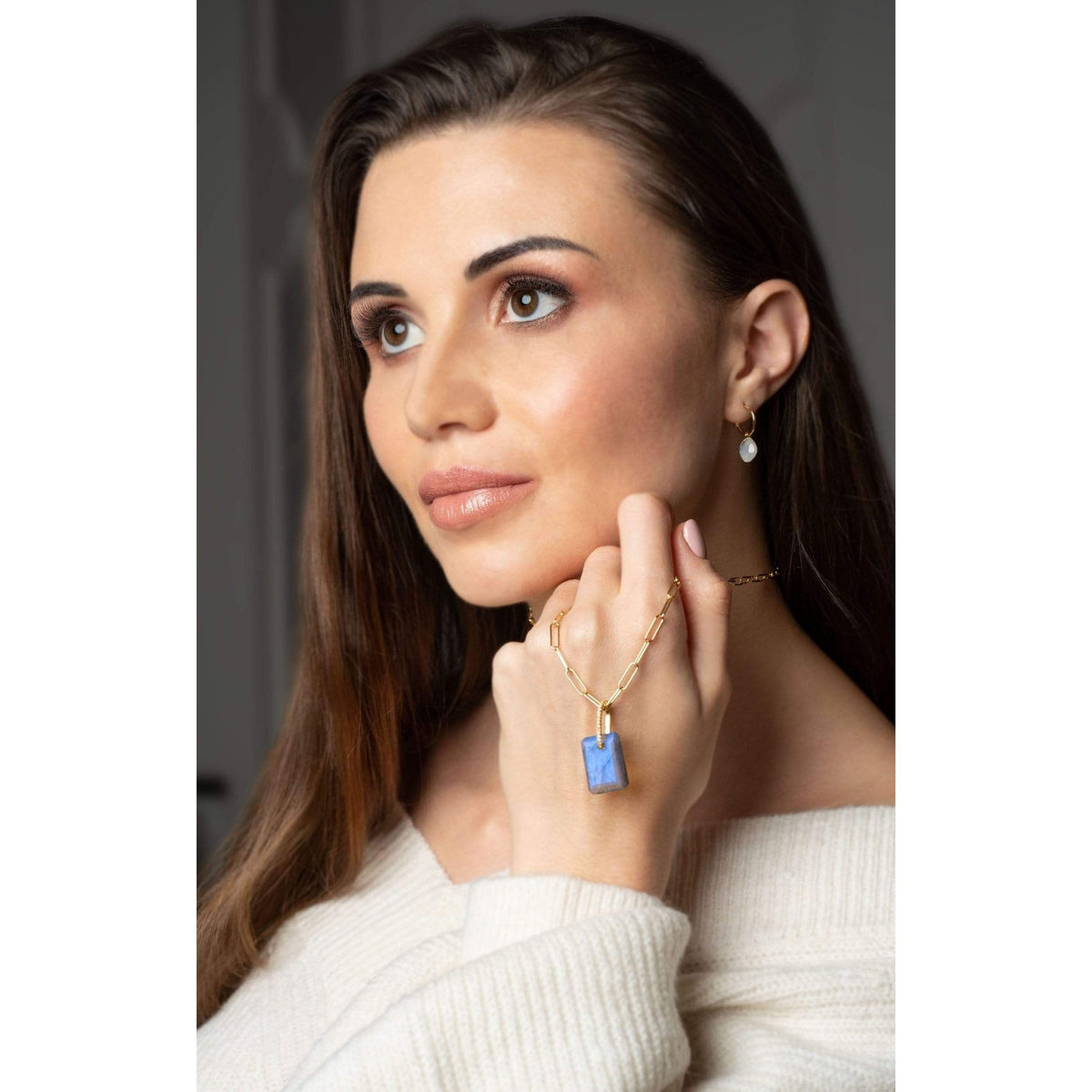 Rainbow Moon Stone Hanging Tile Earring