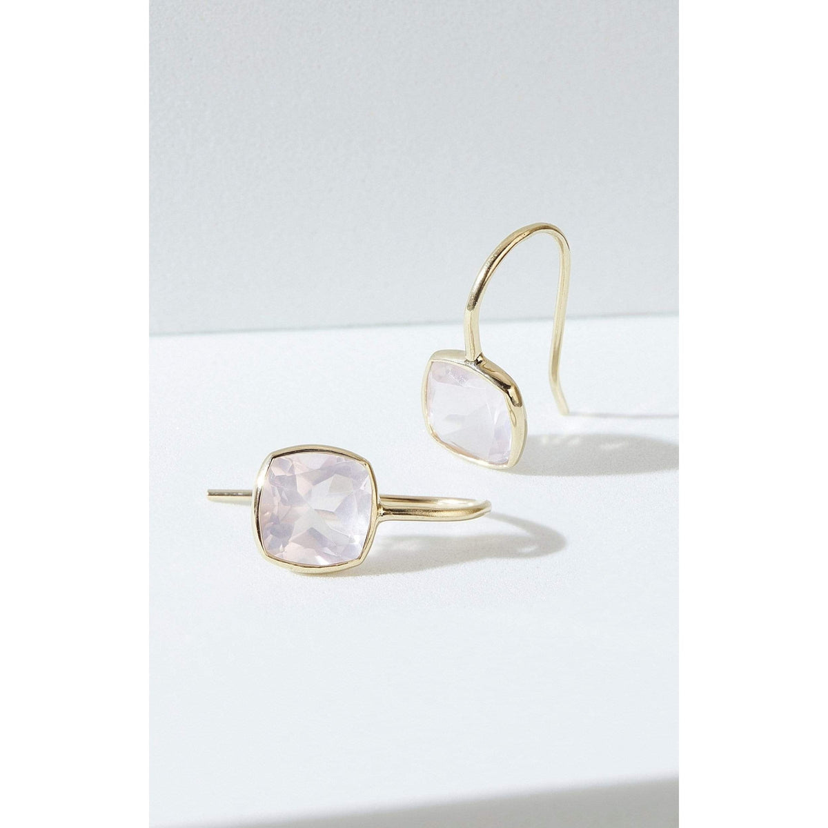 Rose Quartz Cushion Cut Fish Hook Earrings