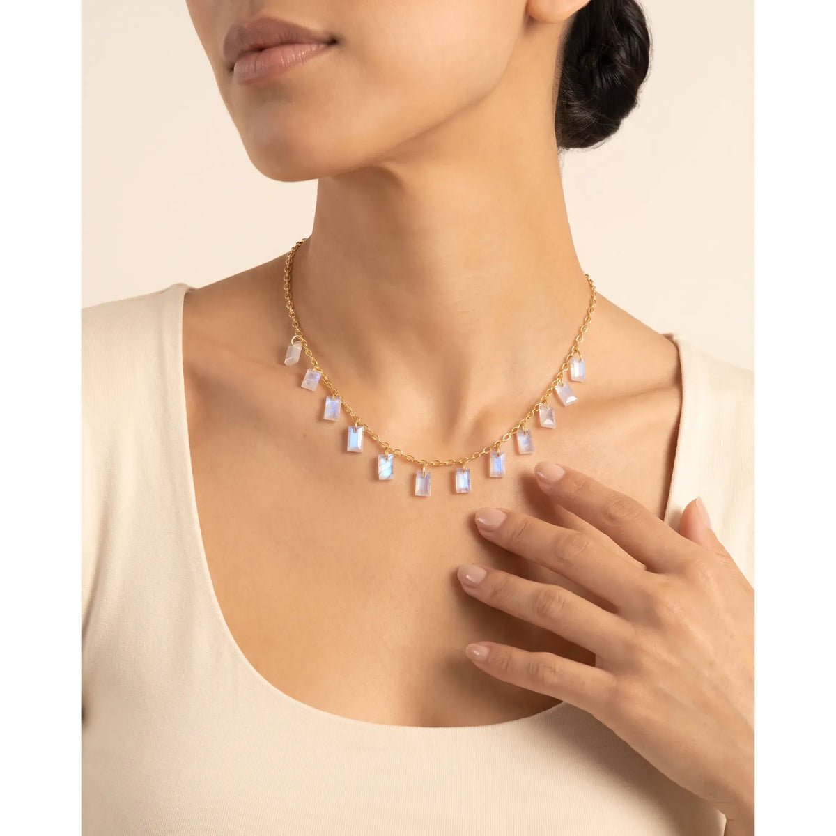 Baguette Charms Rainbow Moonstone Necklace