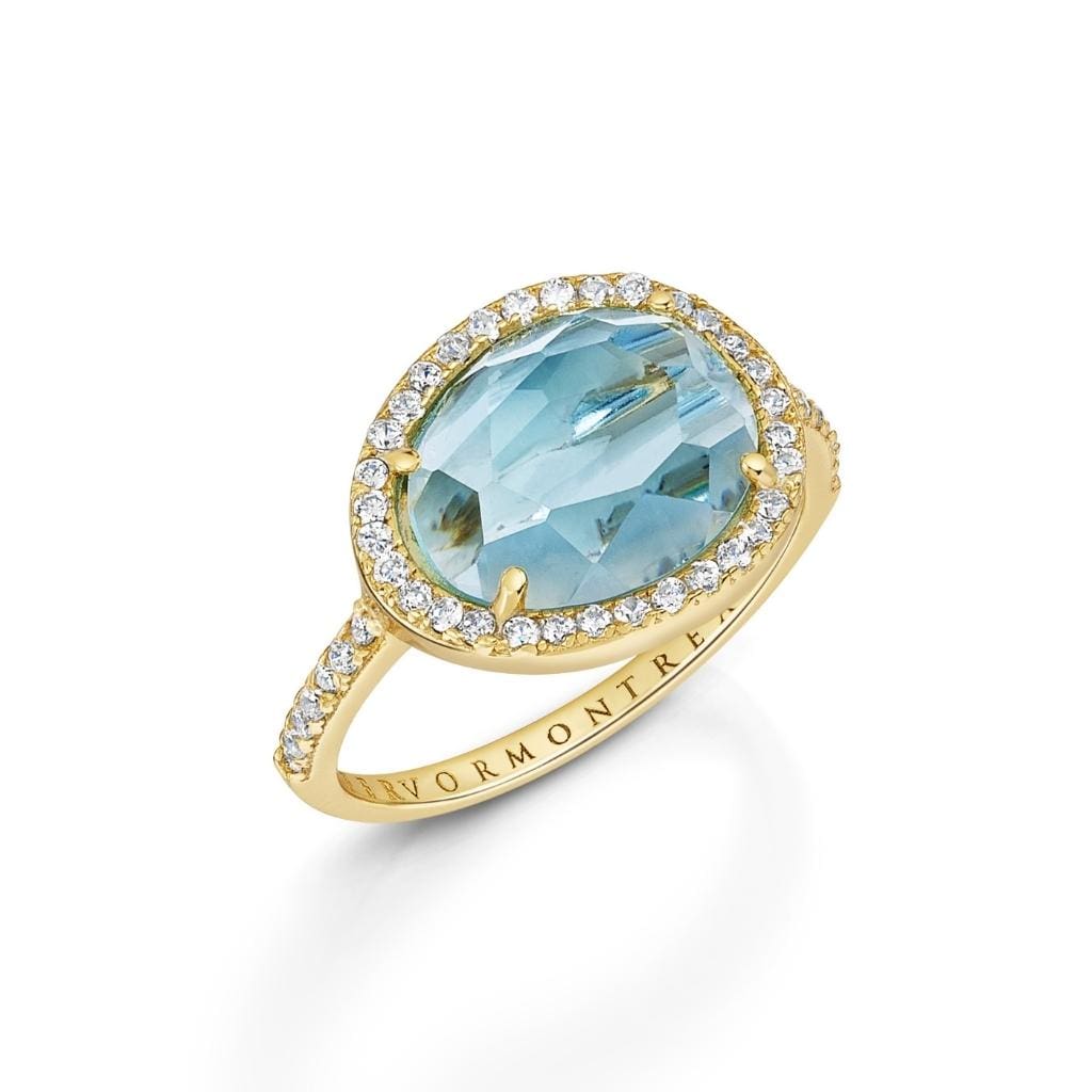 Table Cut Sky Blue Topaz Halo Ring